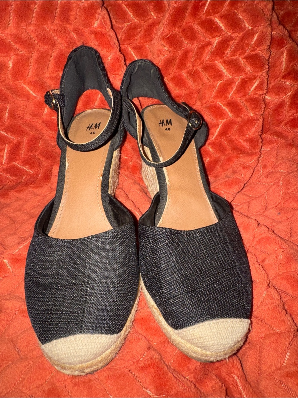 H&M Black Canvas Espadrille Wedge Sandals | Ankle Strap Resort Heels (Size US 8.